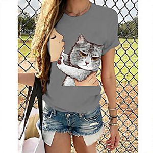 Women's 3D Cat Painting T shirt Cat 3D Animal Print Round Neck Basic Tops Camel Khaki Light gray Lightinthebox