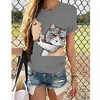 Women's 3D Cat Painting T shirt Cat 3D Animal Print Round Neck Basic Tops Camel Khaki Light gray Lightinthebox - thumbnail