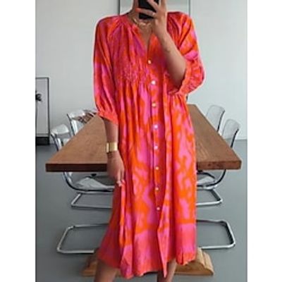 Women's Casual Dress Swing Dress Summer Dress Color Block Lace up Button V Neck Midi Dress Active Fashion Daily Holiday 34 Length Sleeve Loose Fit Red Summer Spring S M L XL XXL Lightinthebox