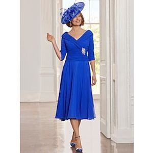 A-Line Mother of the Bride Dress Wedding Guest Elegant Vintage V Neck Tea Length Chiffon Polyester 34 Length Sleeve with Ruched Crystal Brooch 2024 Lightinthebox