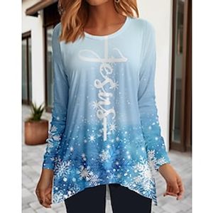 Women's T shirt Tee Christmas Shirt Yellow Pink Royal Blue Letter Snowflake Flowing tunic Print Long Sleeve Christmas Weekend Festival  Holiday Round Neck Regular Fit Painting Spring   Fall Lightinthebox