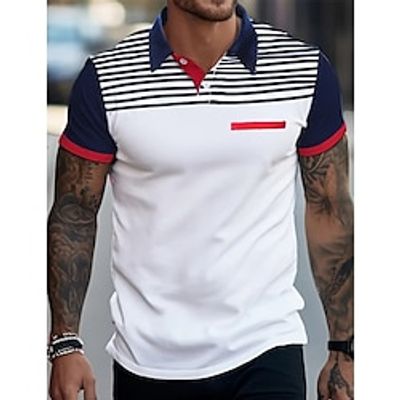 Men's Polo Shirt Button Up Polos Casual Sports Lapel Short Sleeve Fashion Basic Stripes Patchwork Pocket Summer Regular Fit Black White Polo Shirt Lightinthebox