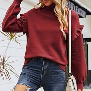 Women's Pullover Sweater jumper Jumper Ribbed Knit Ruffle Knitted Pure Color Turtleneck Stylish Casual Outdoor Daily Winter Fall Wine Camel S M L / Long Sleeve / Holiday / Regular Fit / Going out miniinthebox