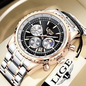 LIGE Women Men Quartz Watch Luxury Casual Wristwatch Analog Moon phase Luminous Stopwatch Calendar Stainless Steel Strap Watch miniinthebox