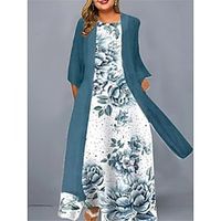 Women's Plus Size Casual Dress Dress Set Two Piece Dress Floral Long Dress Maxi Dress Long Sleeve Print Crew Neck Fashion Daily Wine Royal Blue Spring Summer L XL XXL 3XL 4XL Lightinthebox - thumbnail