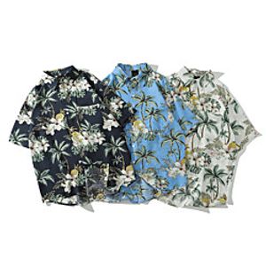 Men's Shirt Other Prints Graphic Button-Down Print Short Sleeve Casual Tops 100% Cotton Basic Hawaiian Distressed White Black Light Blue miniinthebox