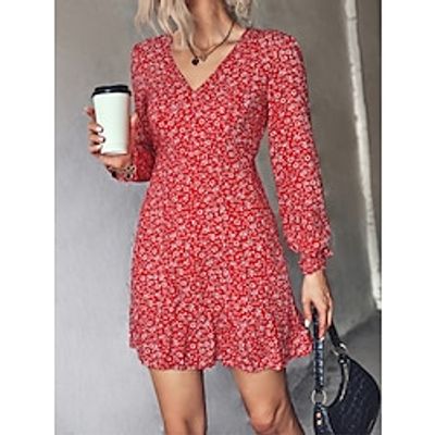 Women's Casual Dress A Line Dress Floral Ditsy Floral Print V Neck Mini Dress Streetwear A Line Street Vacation Long Sleeve Regular Fit Black Red Dark Blue Fall Winter S M L XL Lightinthebox