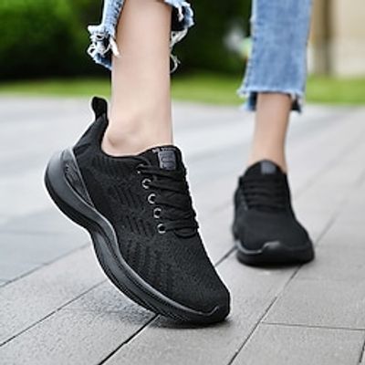 Women's Sneakers Comfort Shoes Flyknit Shoes Outdoor Daily Lace-up Flat Heel Round Toe Sporty Casual Running Shoes Walking Shoes Tissage Volant Lace-up Striped White  Green Black White Lightinthebox