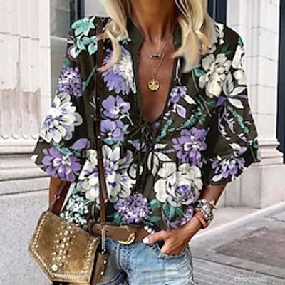 Women's Shirt Blouse Floral Casual Pink Blue Purple Print with Tie Long Sleeve Fashion V Neck Regular Fit Spring Fall Lightinthebox Women's Shirt Blouse Floral Casual Pink Blue Purple Print with Tie Long Sleeve Fashion V Neck Regular Fit Spring Fall Lightinthebox
