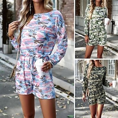 Women's Romper Print Drawstring Camo / Camouflage Round Neck Active Daily Vacation Regular Fit Long Sleeve Light Green Pink Army Green S M L Fall miniinthebox