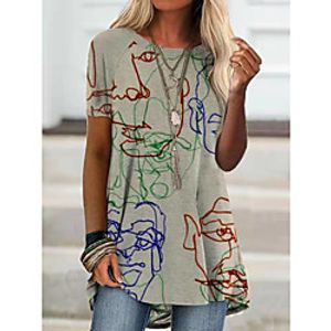 Women's T shirt Dress Portrait Graffiti Print Round Neck Tops Basic Basic Top Gray Lightinthebox