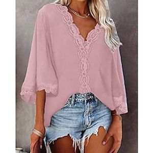 Women's Shirt Blouse Black White Pink Plain Lace 3/4 Length Sleeve Casual Weekend Streetwear V Neck Regular Loose Fit S miniinthebox