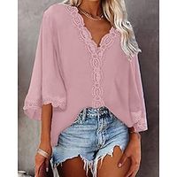 Women's Shirt Blouse Black White Pink Plain Lace 3/4 Length Sleeve Casual Weekend Streetwear V Neck Regular Loose Fit S miniinthebox - thumbnail