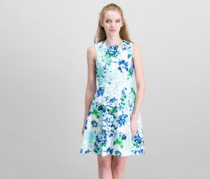 Petite Floral-Print Fit & Flare Dress  Seaglass Combo
