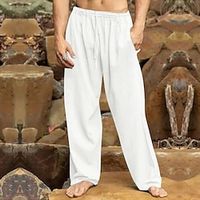 Men's Linen Pants Trousers Summer Pants Beach Pants Drawstring Elastic Waist Straight Leg Plain Comfort Breathable Daily Holiday Vacation Hawaiian Boho Black White Lightinthebox