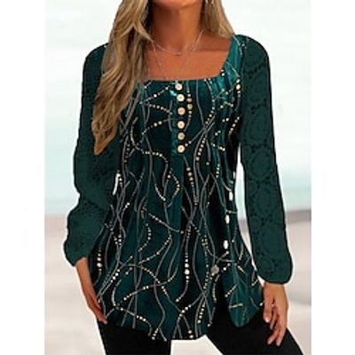 Women's Shirt Blouse Green Striped Lace Button Print Long Sleeve Party Christmas Casual Festival  Holiday Square Neck Regular Fit Spring   Fall Lightinthebox