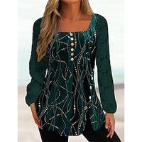Women's Shirt Blouse Green Striped Lace Button Print Long Sleeve Party Christmas Casual Festival  Holiday Square Neck Regular Fit Spring   Fall Lightinthebox - thumbnail