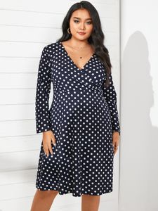 YOINS Plus Size Deep V Neck Polka Dot Wrap Design Long Sleeves Midi Dress