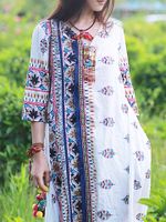 Ethnic A-Line 3/4 Sleeve Print Dresses