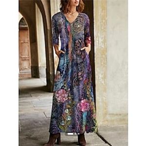 Women's Casual Dress Sheath Dress Long Dress Maxi Dress Blue 3/4 Length Sleeve Graphic Print Fall Spring Summer V Neck Classic Daily Date Vacation 2022 S M L XL 2XL 3XL miniinthebox