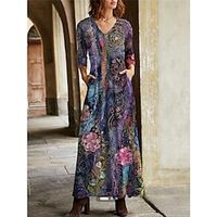Women's Casual Dress Sheath Dress Long Dress Maxi Dress Blue 3/4 Length Sleeve Graphic Print Fall Spring Summer V Neck Classic Daily Date Vacation 2022 S M L XL 2XL 3XL miniinthebox - thumbnail