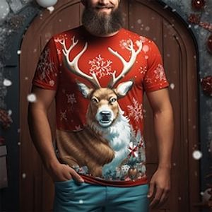 Graphic Elk Moose Christmas Daily Designer Casual Men's 3D Print T shirt Tee Sports Outdoor Holiday Going out Christmas T shirt Red Short Sleeve Crew Neck Shirt Spring  Summer Clothing Apparel S M L Lightinthebox