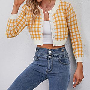 Women's Cardigan Knitted Plaid Stylish Casual Long Sleeve Sweater Cardigans U Neck Fall Winter Blue Yellow Blushing Pink Lightinthebox