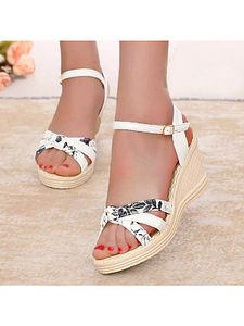 Floral High Heeled Ankle Strap Peep Toe Date Office Wedge Sandals
