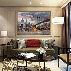 Handmade Oil Painting Canvas Wall Art Decoration Impression Urban Architecture Bridge Landscape  for Home Decor Rolled Frameless Unstretched Painting miniinthebox