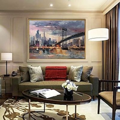 Handmade Oil Painting Canvas Wall Art Decoration Impression Urban Architecture Bridge Landscape  for Home Decor Rolled Frameless Unstretched Painting miniinthebox