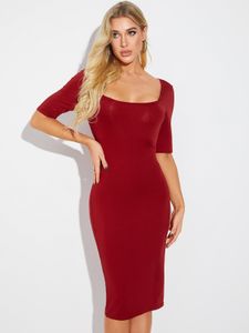 YOINS BASICS Burgundy Square Neck Half Sleeves Dress