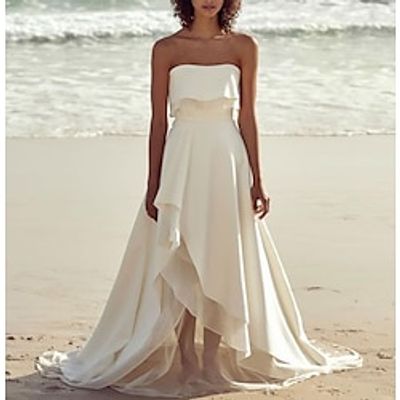 Beach Little White Dresses Wedding Dresses A-Line Off Shoulder Strapless Sweep  Brush Train Satin Bridal Gowns With Pleats Solid Color 2023 Lightinthebox