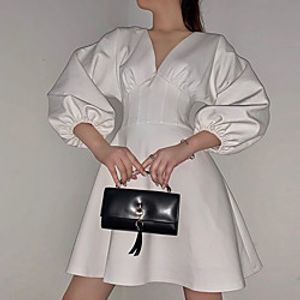 Women's Sheath Dress Short Mini Dress White Long Sleeve Solid Color Ruched Fall Summer V Neck Elegant Casual Puff Sleeve 2021 S M L miniinthebox