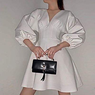 Women's Sheath Dress Short Mini Dress White Long Sleeve Solid Color Ruched Fall Summer V Neck Elegant Casual Puff Sleeve 2021 S M L miniinthebox