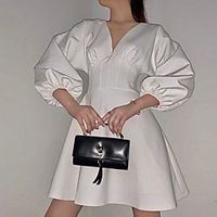 Women's Sheath Dress Short Mini Dress White Long Sleeve Solid Color Ruched Fall Summer V Neck Elegant Casual Puff Sleeve 2021 S M L miniinthebox - thumbnail