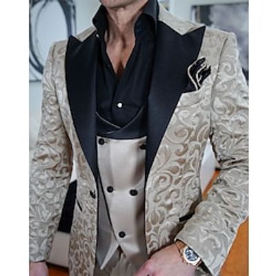 Champagne Men's Wedding Wedding Party Tuxedos 3 Piece Peak Floral Jacquard Tailored Fit Single Breasted One-button 2023 Lightinthebox