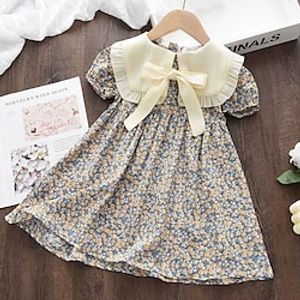 Kids Girls' Floral Dress Flower A Line Dress Above Knee Dress Performance Tie Knot Crew Neck Short Sleeve Cute Dress 2-8 Years Summer Yellow Lightinthebox