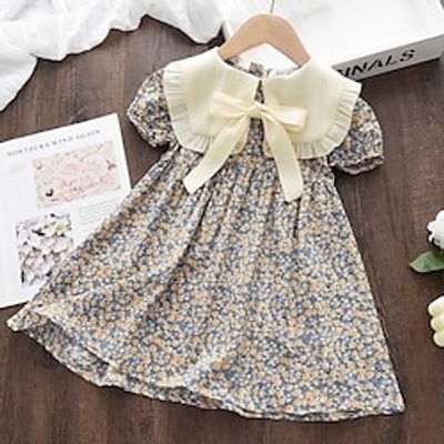 Kids Girls' Floral Dress Flower A Line Dress Above Knee Dress Performance Tie Knot Crew Neck Short Sleeve Cute Dress 2-8 Years Summer Yellow Lightinthebox