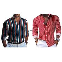 Men's Matching Sets Red Shirt Button Up Shirt Casual Shirt Sets Long Sleeve Lapel Vacation Going out Striped Polyester Spring Summer Lightinthebox