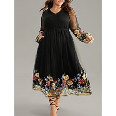 Women's Plus Size Curve Black Dress Casual Dress Swing Dress Floral Midi Dress Long Sleeve Mesh Patchwork V Neck Fashion Daily Black Fall Winter L XL XXL 3XL 4XL Lightinthebox