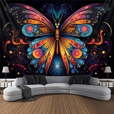 Blacklight Tapestry UV Reactive Glow in the Dark Trippy Butterfly Misty Nature Landscape Hanging Tapestry Wall Art Mural for Living Room Bedroom miniinthebox