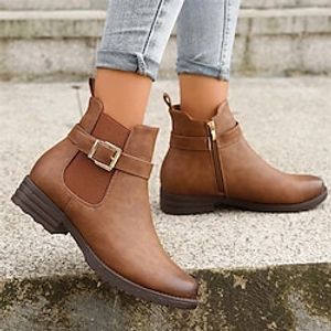 Women's Boots Motorcycle Boots Work Boots Outdoor Daily Booties Ankle Boots Buckle Flat Heel Round Toe Vintage Casual Minimalism Faux Leather Zipper Elastic Band Solid Color Brown miniinthebox