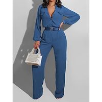 Women's Jumpsuit High Waist Solid Color Deep V Active Daily Vacation Regular Fit Long Sleeve Black Blue S M L Fall miniinthebox