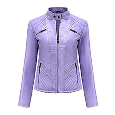 women's faux leather motorcycle jacket pu slim short biker coat zipper pockets (lavender, large) Lightinthebox
