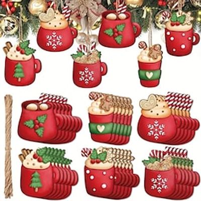 18pcs Christmas Hot Cocoa Cup Wooden Decor Gift Decor Pendant Christmas Tree Fireplace Window Pendant Christmas Party Supplies miniinthebox