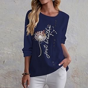 Women's T shirt Tee Navy Blue Blue Khaki Text Dandelion Button Print Long Sleeve Holiday Weekend Basic Round Neck Regular Floral Painting S miniinthebox
