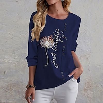 Women's T shirt Tee Navy Blue Blue Khaki Text Dandelion Button Print Long Sleeve Holiday Weekend Basic Round Neck Regular Floral Painting S miniinthebox