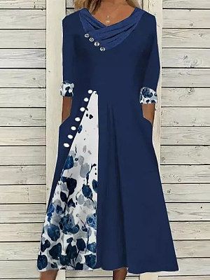 Printed V-Neck Panel Mid-Sleeve Dress