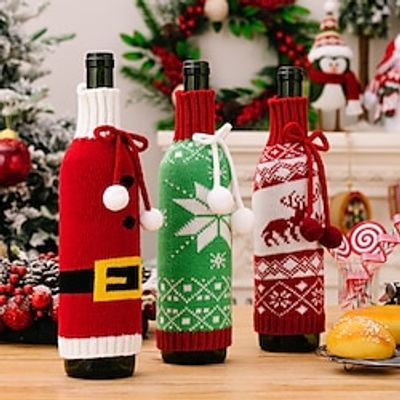 3pcs Christmas Decorations Knitted Wine Bottle Bag Champagne Wine set Snowflake Wine Bottle Cover Bag Red Green Lightinthebox
