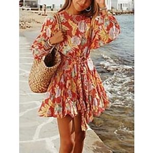 Women's Casual Dress A Line Dress Floral Dress Graphic Lace up Pleated Crew Neck Mini Dress Active Fashion Street Daily Long Sleeve Regular Fit Red Summer Spring S M L XL Lightinthebox